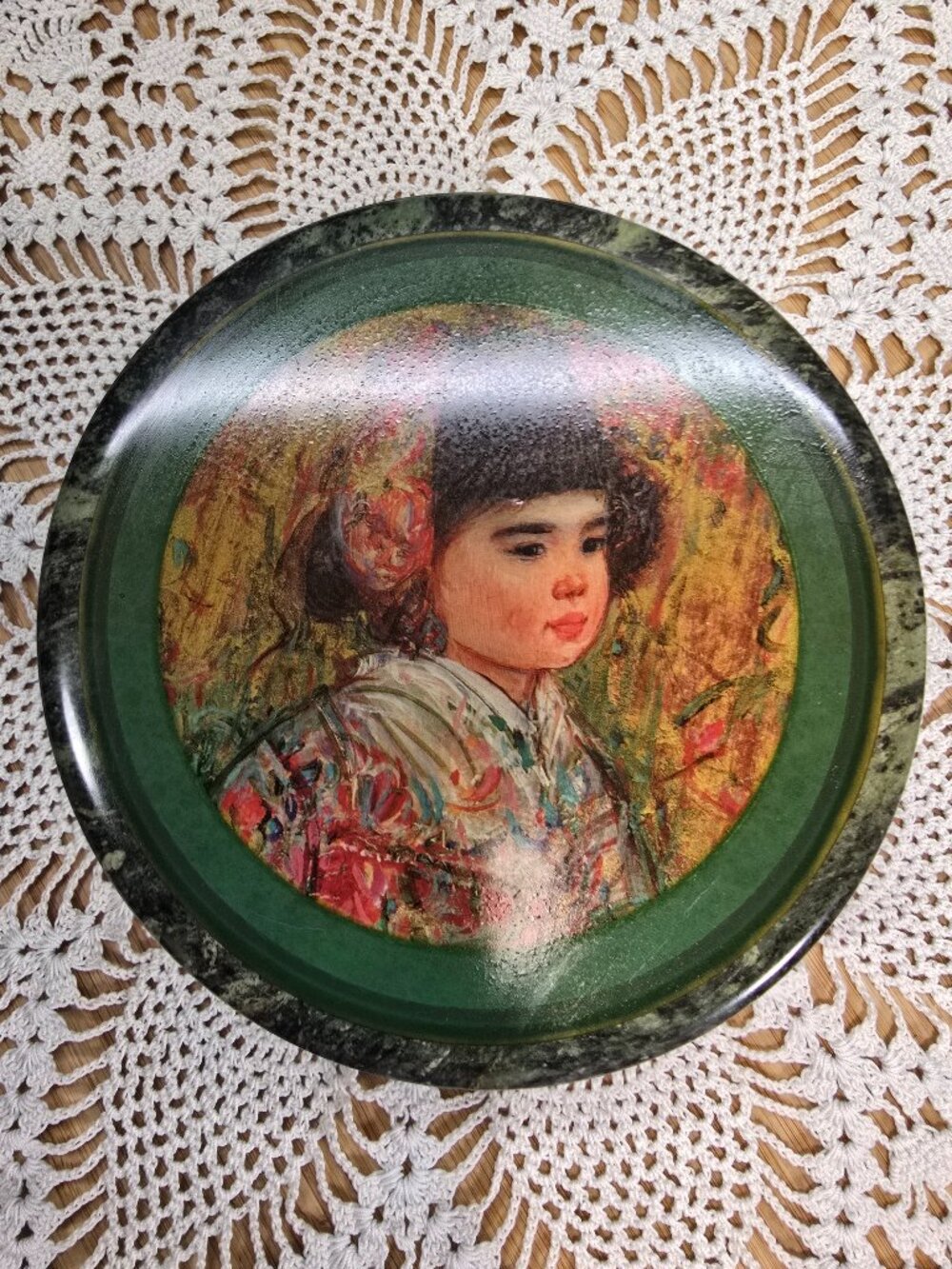 Vintage Edna Hibel Decorative Green Marble Stone Trinket Box with Lid